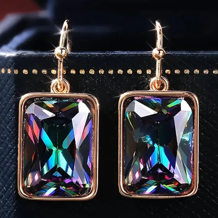 Vintage Gold Geometric Dangle Earrings with Cubic Zirconia Pendant for Women
