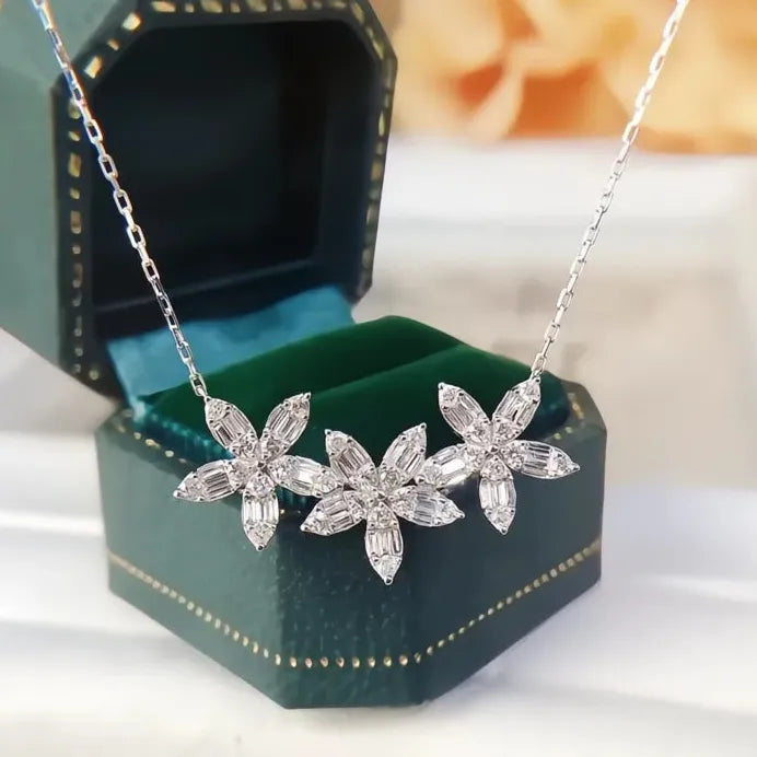Elegant Three-Flower Cubic Zirconia Necklace for Women Bridal Jewelry