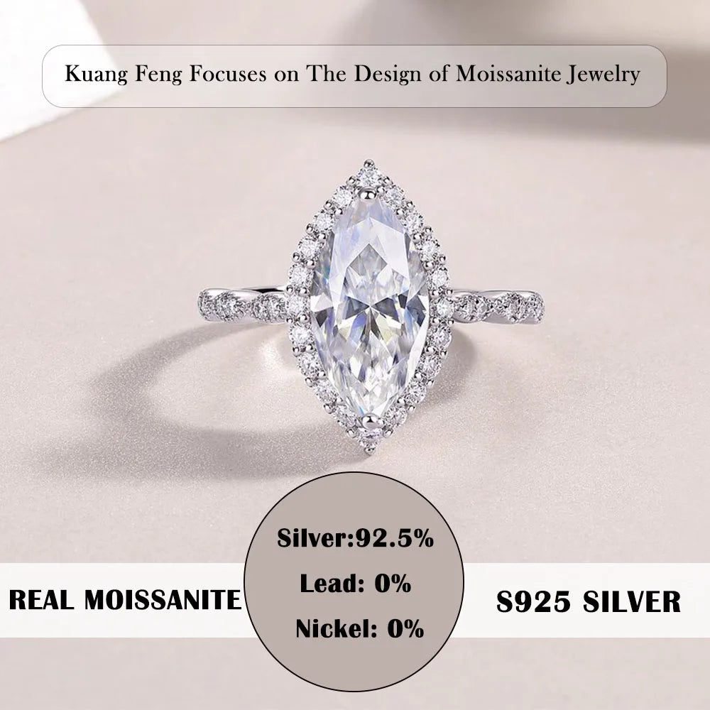 Marquise Cut Moissanite Ring Women D Color VVS1 S925 Silver Gold Plated Jewelry