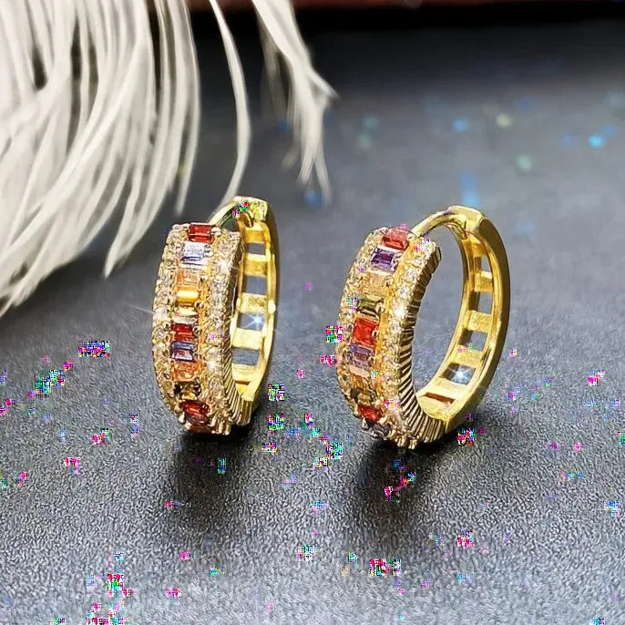 Luxury Rainbow Rectangular Cubic Zirconia Copper Alloy Hoop Earrings