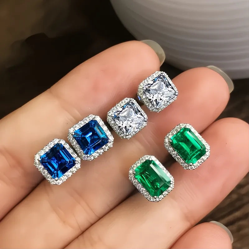 Rectangle Square Green Cubic Zirconia Stud Earrings for Women Elegant Party Anniversary Gift