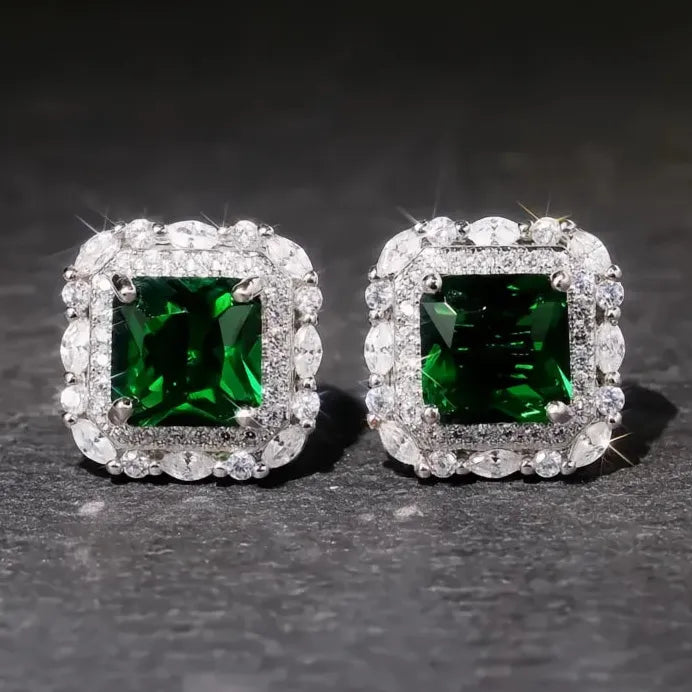 Vintage Green Geometric CZ Stud Earrings Luxury Party Gift for Women