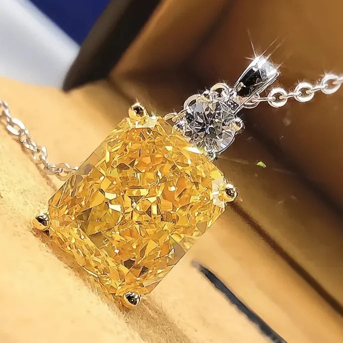 Gorgeous Yellow Square Cubic Zirconia Pendant Necklace for Women Delicate Engagement Jewelry Gift