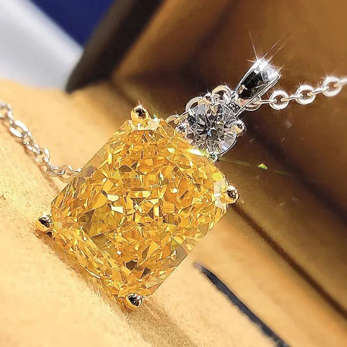 Yellow Square Cubic Zirconia Pendant Necklace Brass Engagement Gift