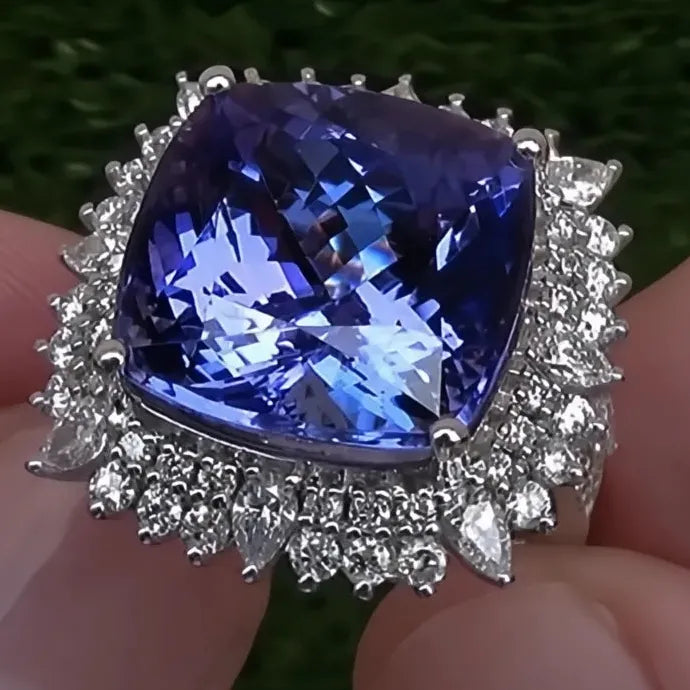 Blue Cubic Zirconia Geometric Brass Ring for Women Anniversary Gift