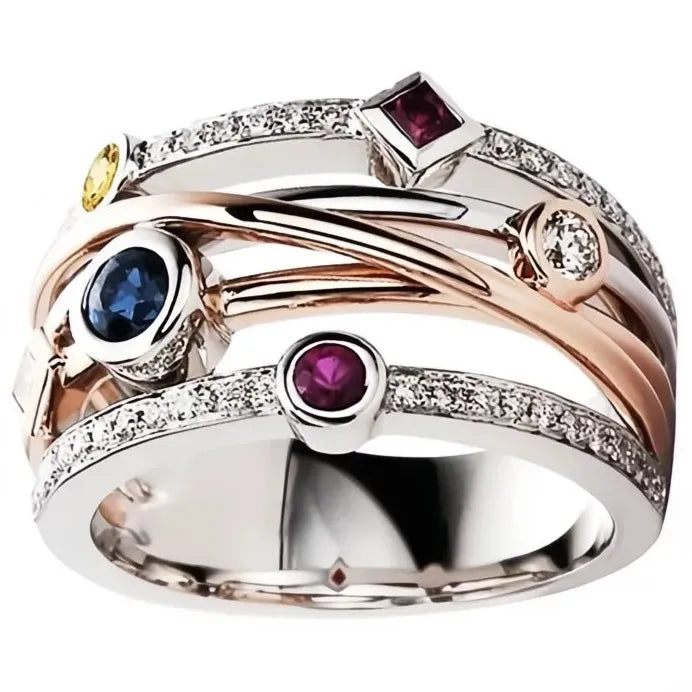 Women's Geometric Wedding Band Ring with Colorful Cubic Zirconia Stones