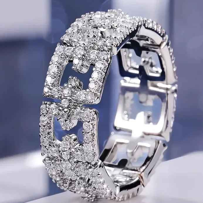 Women’s Geometric Wedding Band Ring Full Paved Shiny CZ Promise Jewelry