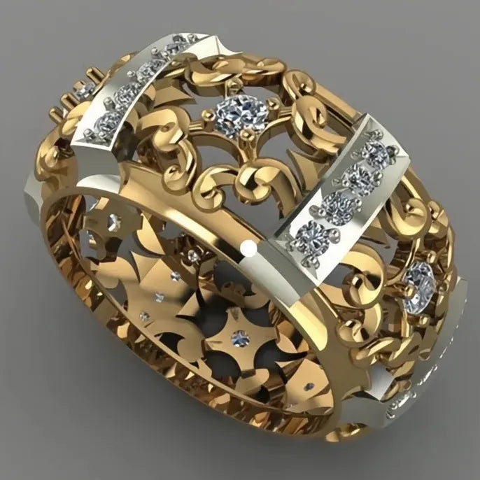 Ethnic Style Gold Hollow Band Ring with Geometric Cubic Zirconia Unisex