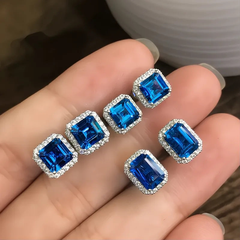 Rectangle Square Green Cubic Zirconia Stud Earrings for Women Elegant Party Anniversary Gift