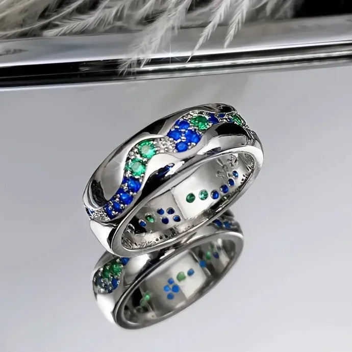 Silver Green Blue CZ Geometric Brass Band Ring for Women Stylish Jewelry