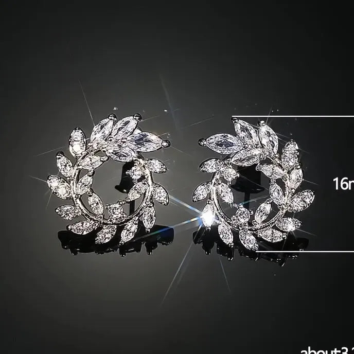 Olive Branch Leaf Stud Earrings for Women Copper Alloy Cubic Zirconia Wedding Jewelry