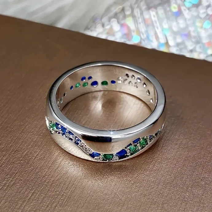 Silver Green Blue CZ Geometric Brass Band Ring for Women Stylish Jewelry