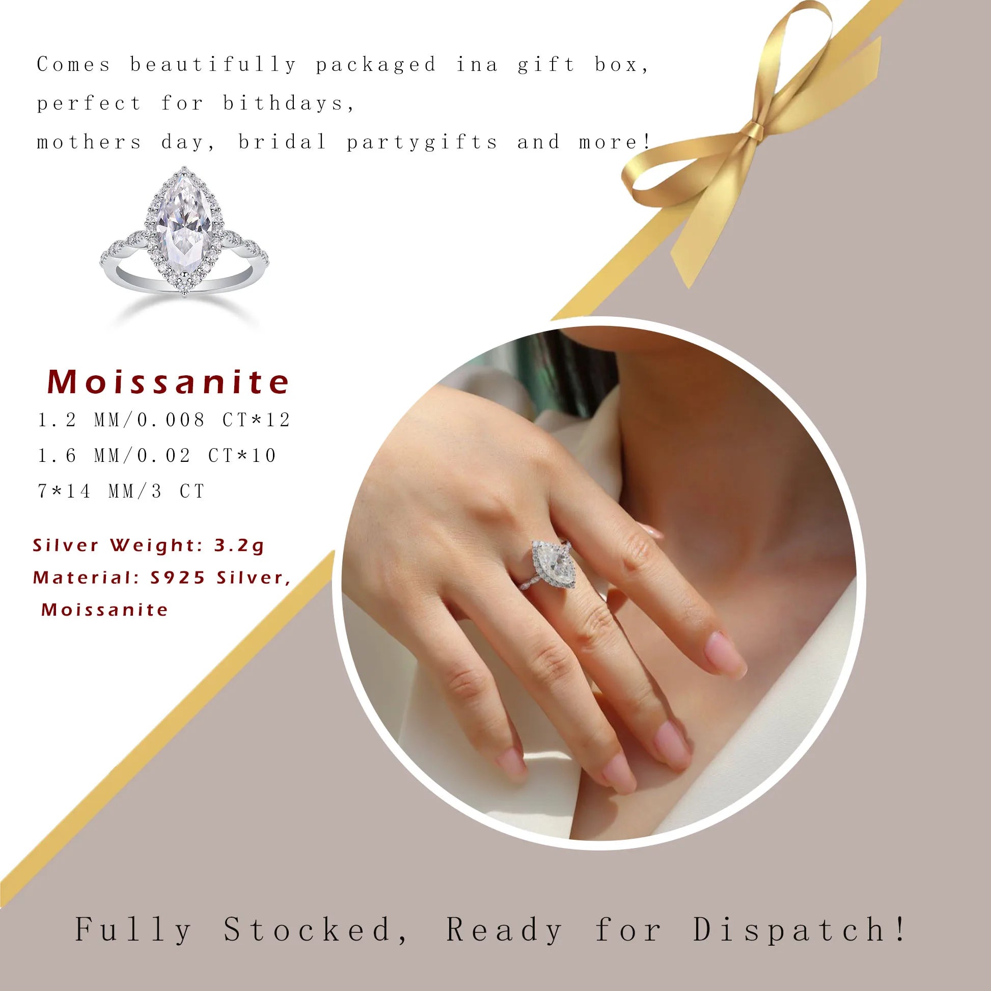 Marquise Cut Moissanite Ring Women D Color VVS1 S925 Silver Gold Plated Jewelry