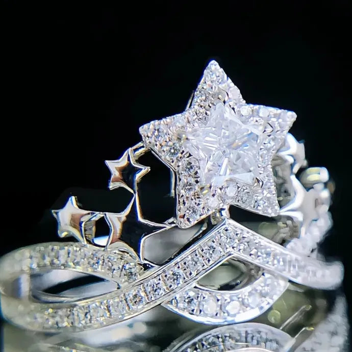 Women's Star Design Brass Ring with Cubic Zirconia Geometric Wedding Band Gift
