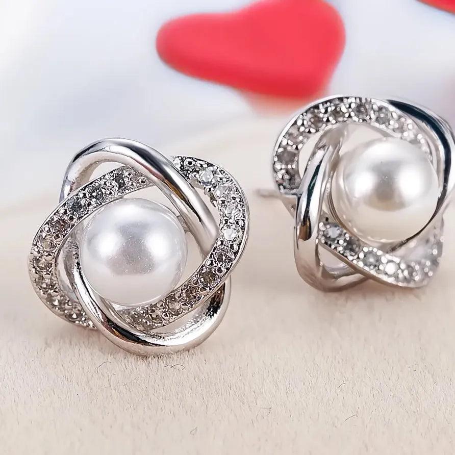 Geometric White Imitation Pearl Stud Earrings for Women Bridal Jewelry