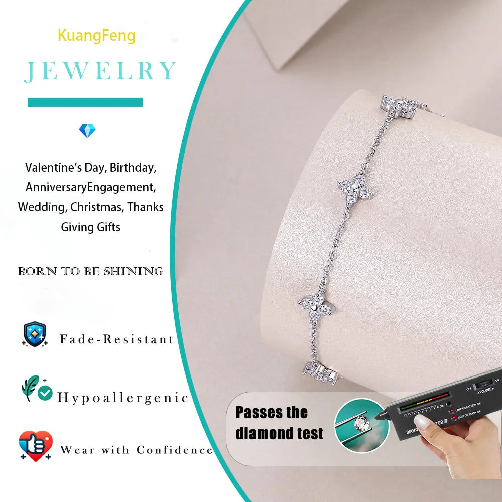 Moissanite Flower Bracelet 925 Sterling Silver 18K Gold Plated Adjustable GRA Certified Jewelry