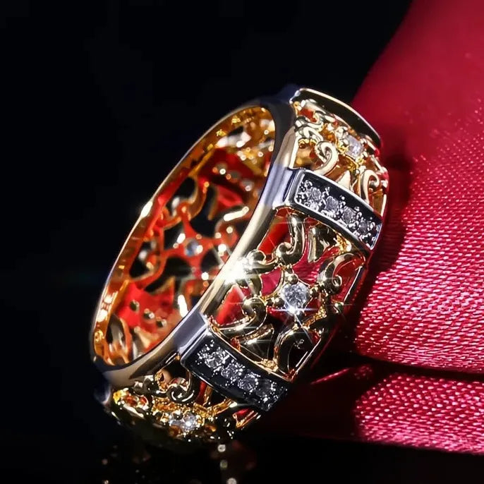 Ethnic Style Gold Hollow Band Ring with Geometric Cubic Zirconia Unisex