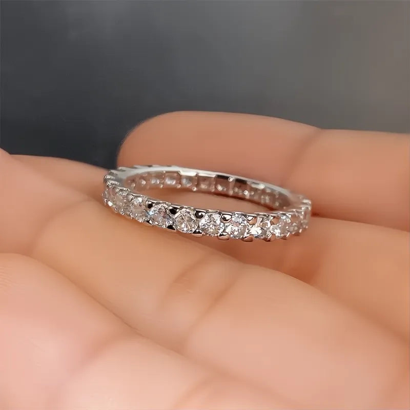Trendy Thin Silver Color Band Ring with Shiny Cubic Zirconia for Women Daily Wear