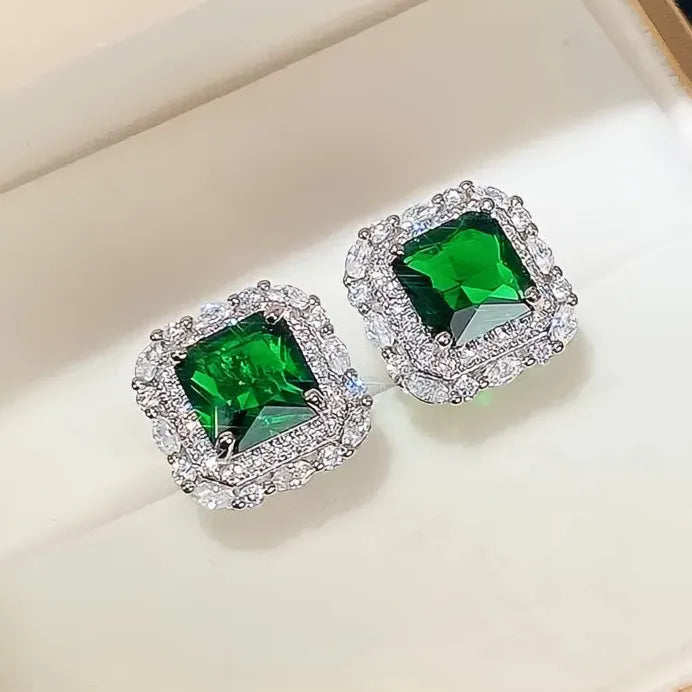 Vintage Green Geometric CZ Stud Earrings Luxury Party Gift for Women