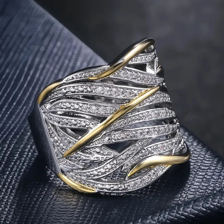 Two Tone Geometric Women’s Ring with Cubic Zirconia Fashion Jewelry