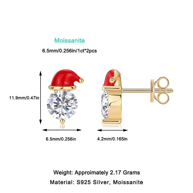 925 Sterling Silver Santa Hat Stud Earrings 18K Gold Plated 6.5mm Moissanite Jewelry for Women