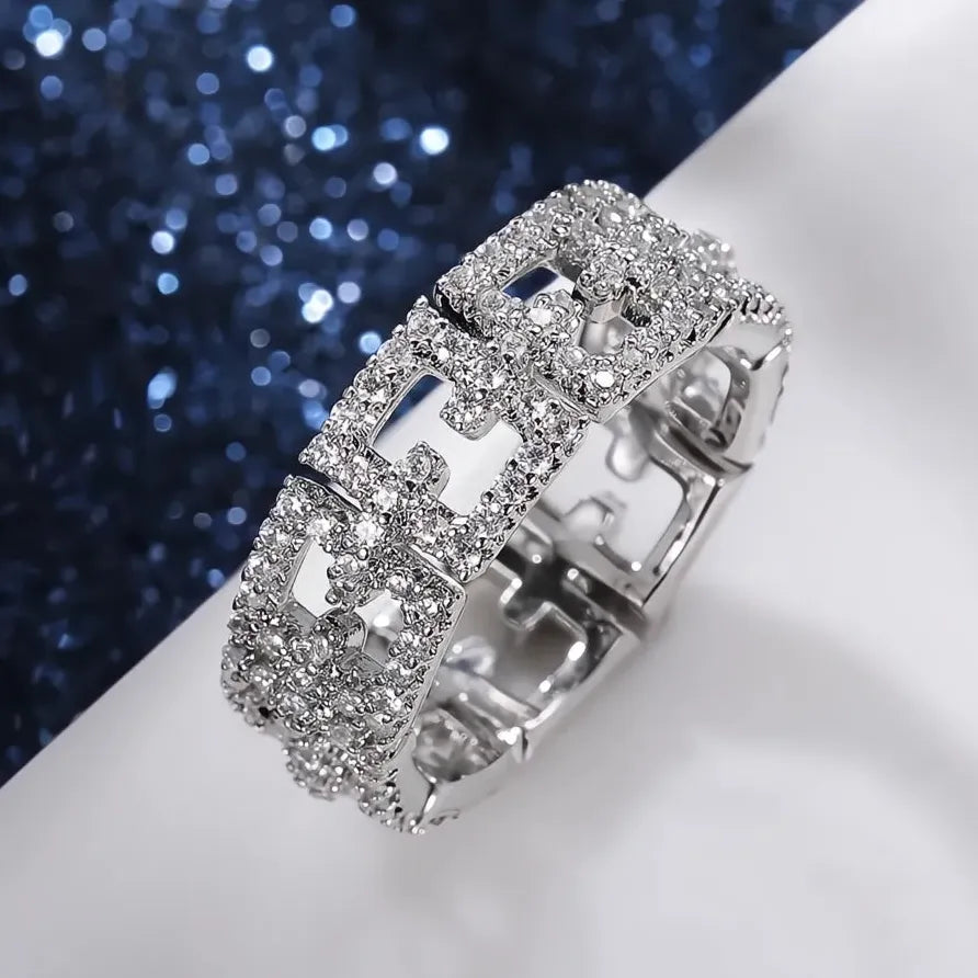 Women’s Geometric Wedding Band Ring Full Paved Shiny CZ Promise Jewelry