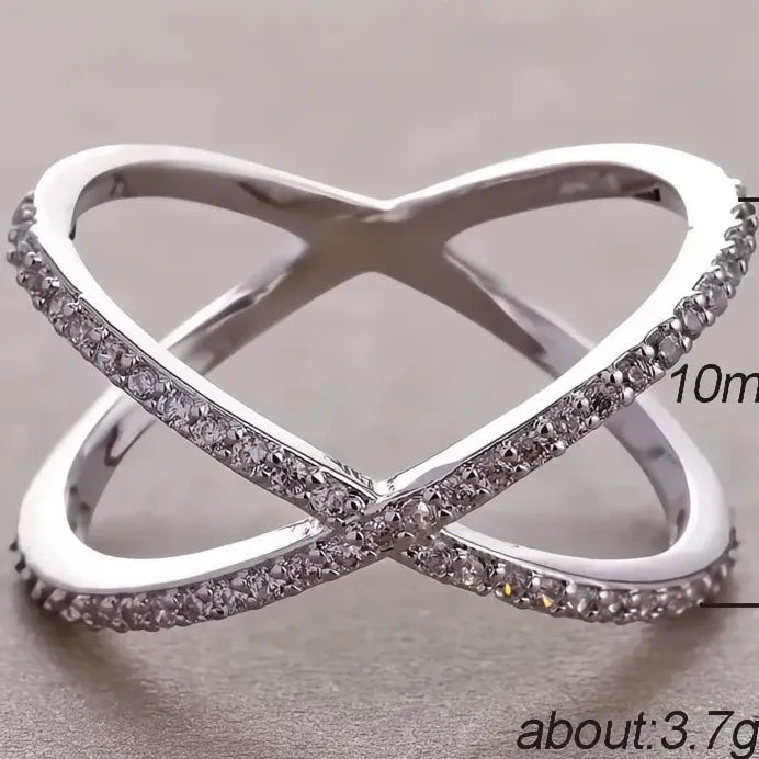 Women’s Luxury Cross X Shape Engagement Ring Silver CZ Paved Jewelry