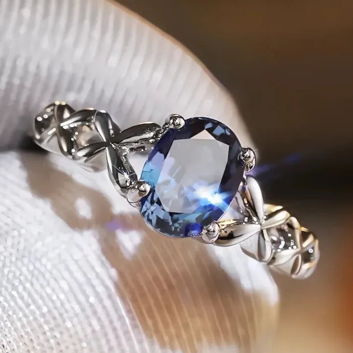 Blue Oval CZ Brass Ring with Cross Twine Design for Women Wedding Band