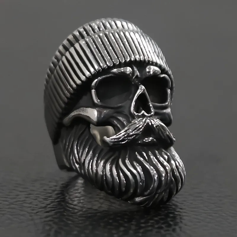 Punk Skull Ring Stainless Steel Men Boys Big Beard Hat Old Man Biker Hip Hop Jewelry Gift