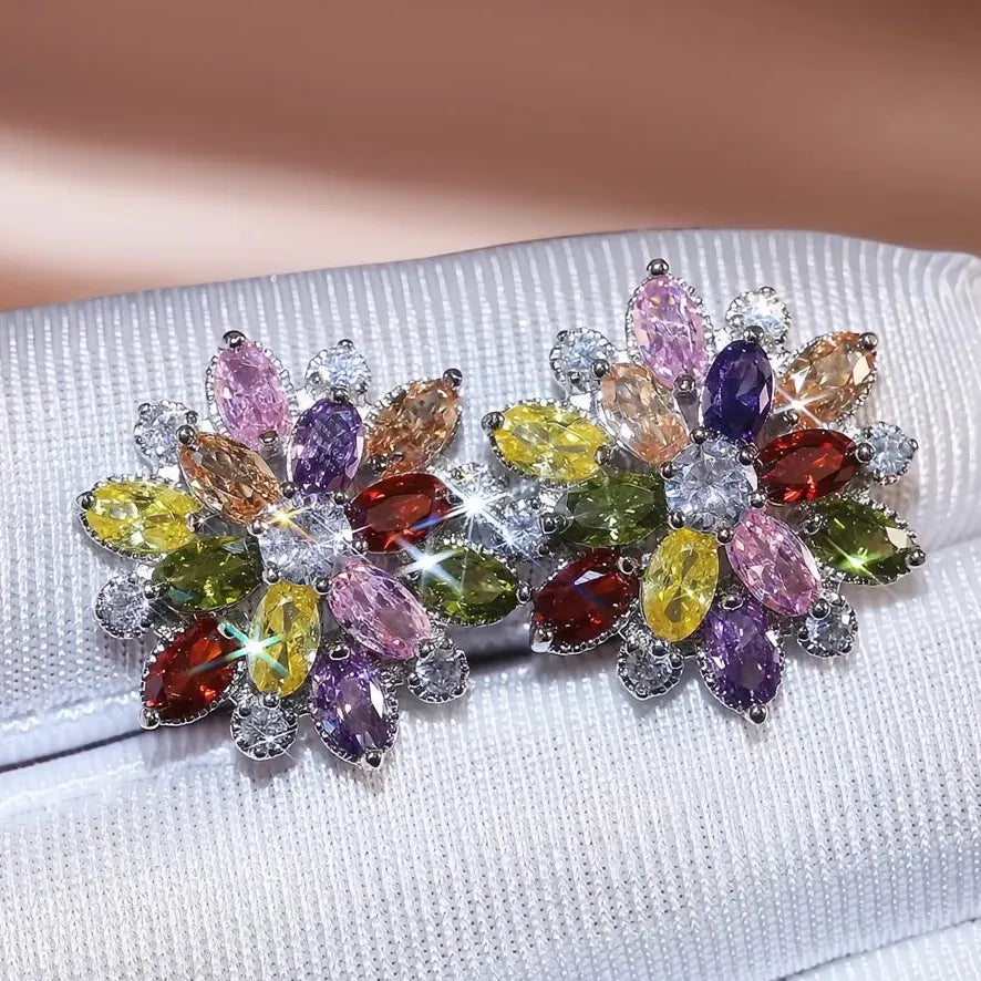 Double Layer Flower Stud Earrings with Cubic Zirconia Brass, 7 Colors Gift