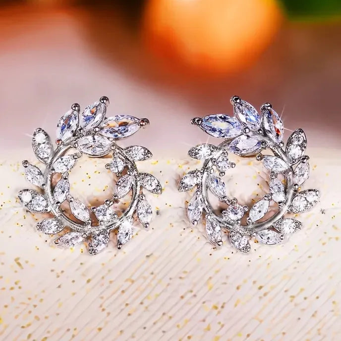Olive Branch Leaf Stud Earrings for Women Copper Alloy Cubic Zirconia Wedding Jewelry