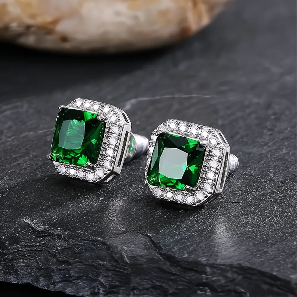 Rectangle Square Green Cubic Zirconia Stud Earrings for Women Elegant Party Anniversary Gift