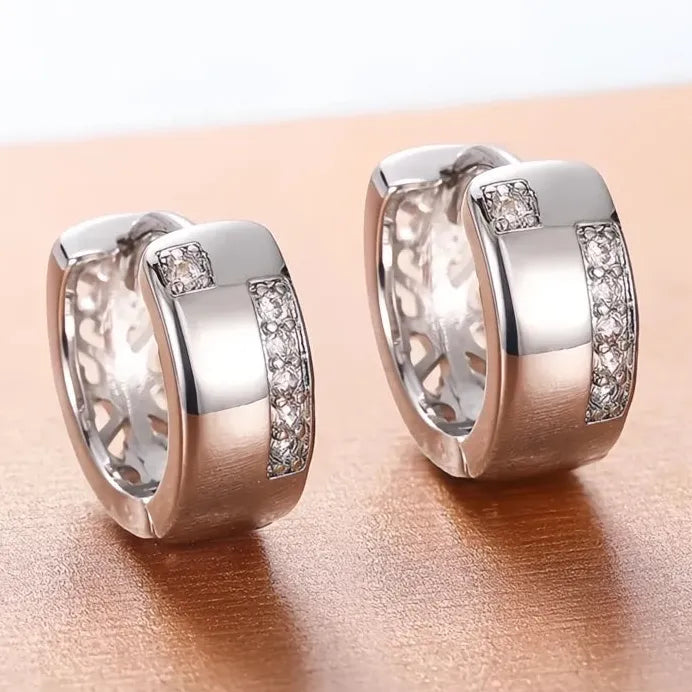 Small Geometric Hollow Hoop Earrings with White Cubic Zirconia Loop