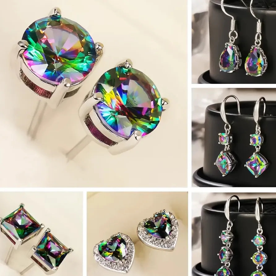 Classic Four Claw Multicolor CZ Geometric Stud Earrings for Women