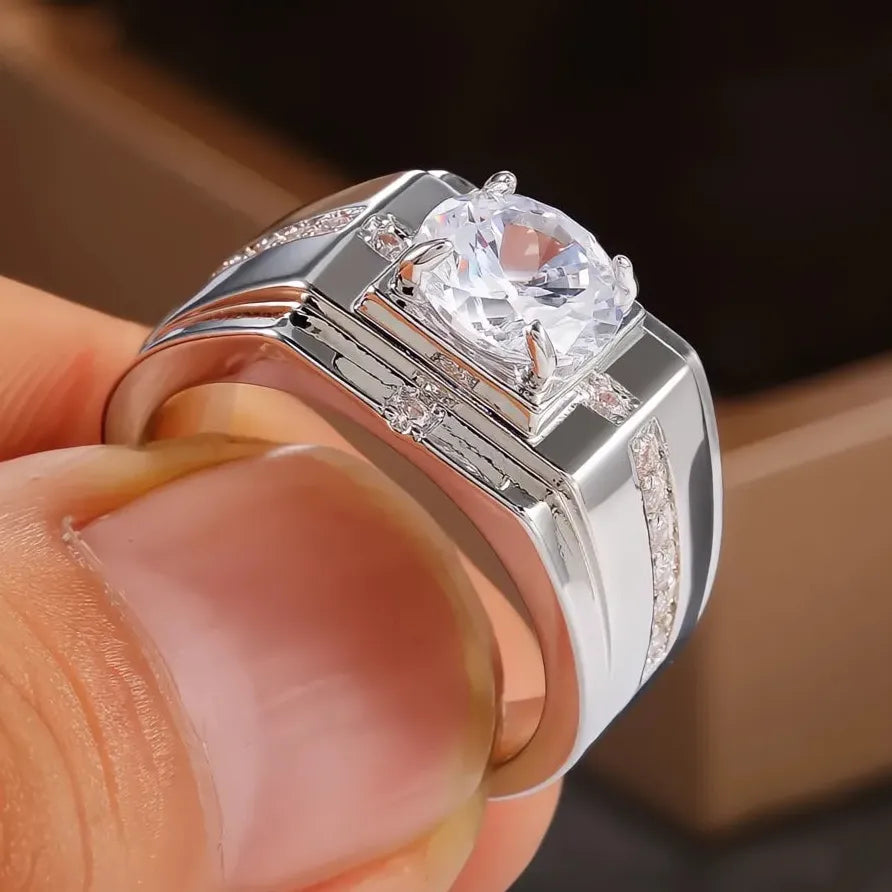 Men's Classic Brass Wedding Ring with Solitaire Cubic Zirconia Jewelry