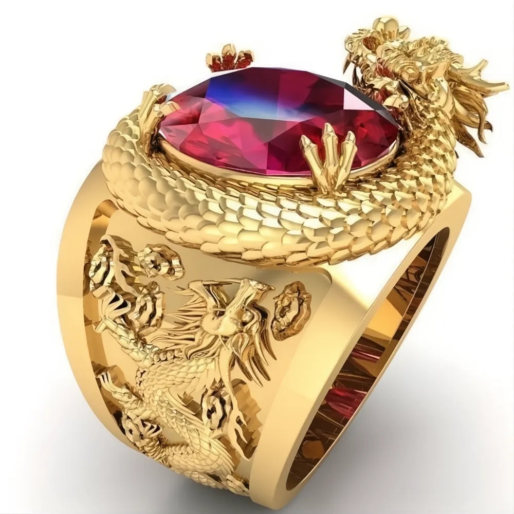 Luxury Gold Color Dragon Pattern Men Ring with Big Oval Red Cubic Zirconia Stone Wedding Party Jewelry
