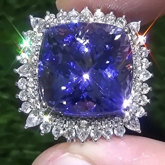 Blue Cubic Zirconia Geometric Brass Ring for Women Anniversary Gift
