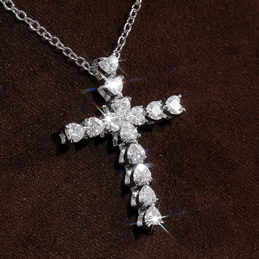 Copper Alloy Crystal Heart Cross Pendant Necklace with CZ for Women Gift
