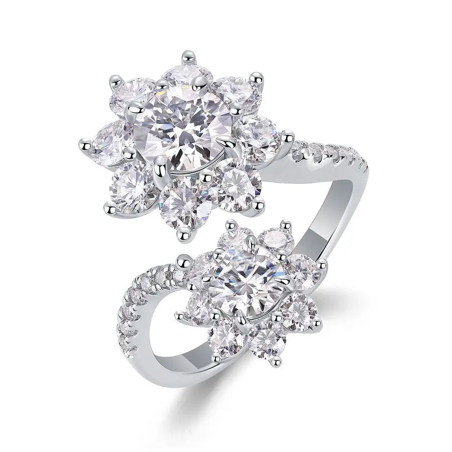 925 Sterling Silver Gold Plated Moissanite Double Flower Ring Anniversary Gift