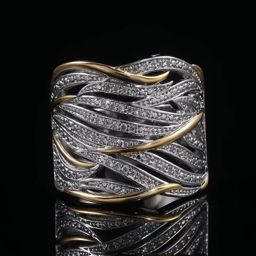 Two Tone Geometric Women’s Ring with Cubic Zirconia Fashion Jewelry