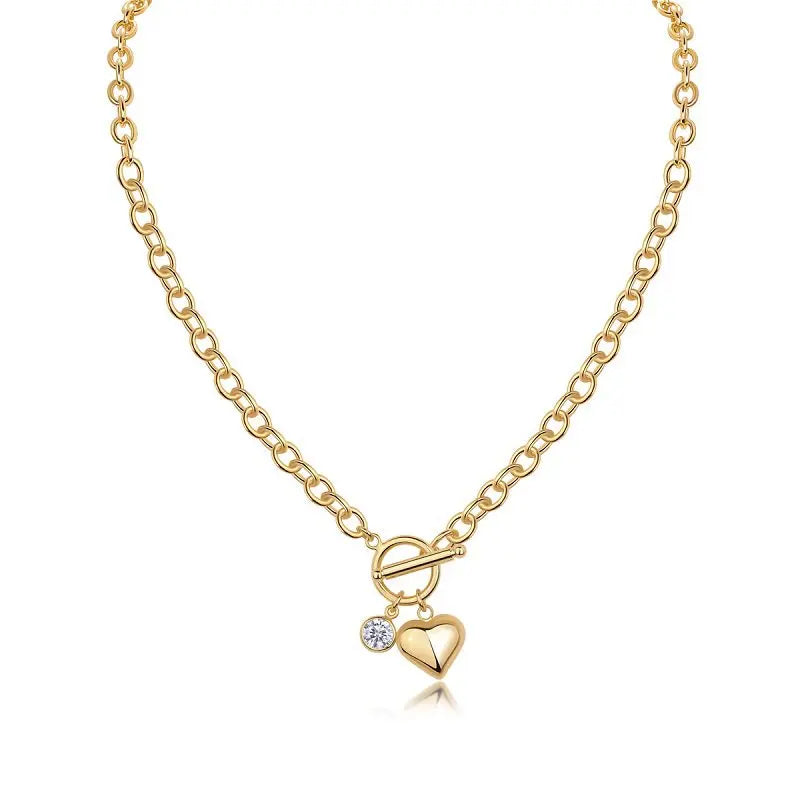 S925 Sterling Silver Toggle Chain Necklace 18K Gold Plated Heart Moissanite Jewelry Gift