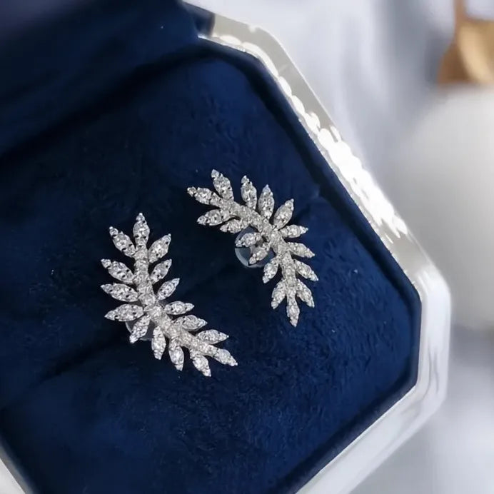 Silver Leaf Geometric Stud Earrings with White CZ Stone for Women