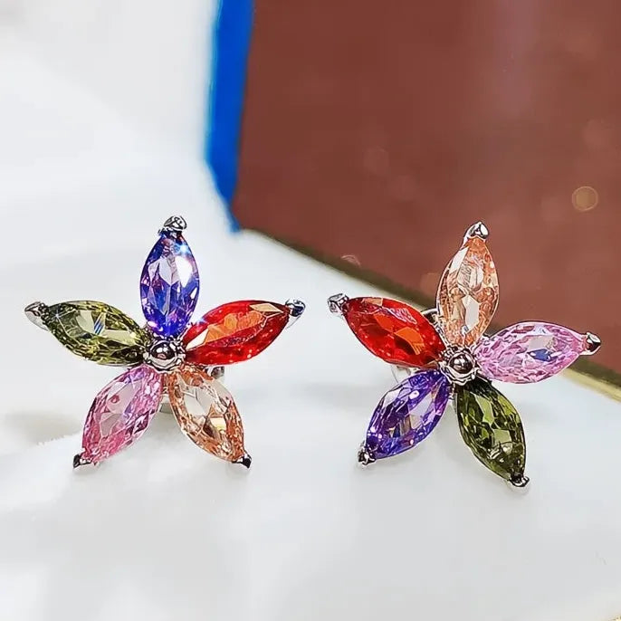 Geometric Flower Stud Earrings with Cubic Zirconia Copper Alloy Jewelry Gift Women