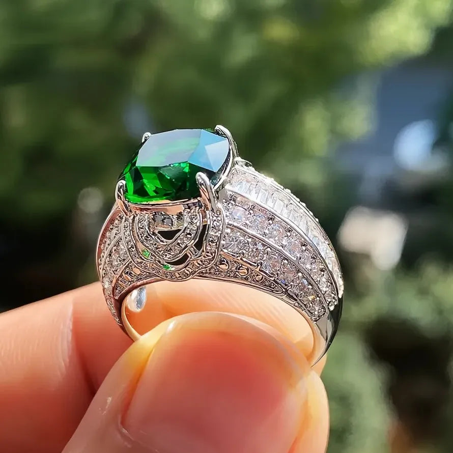 Square Green Stone Women Wedding Ring Micro Paved CZ Brass Engagement Jewelry