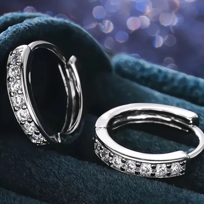 Geometric Silver Round Hoop Earrings with Shiny CZ Crystals for Women