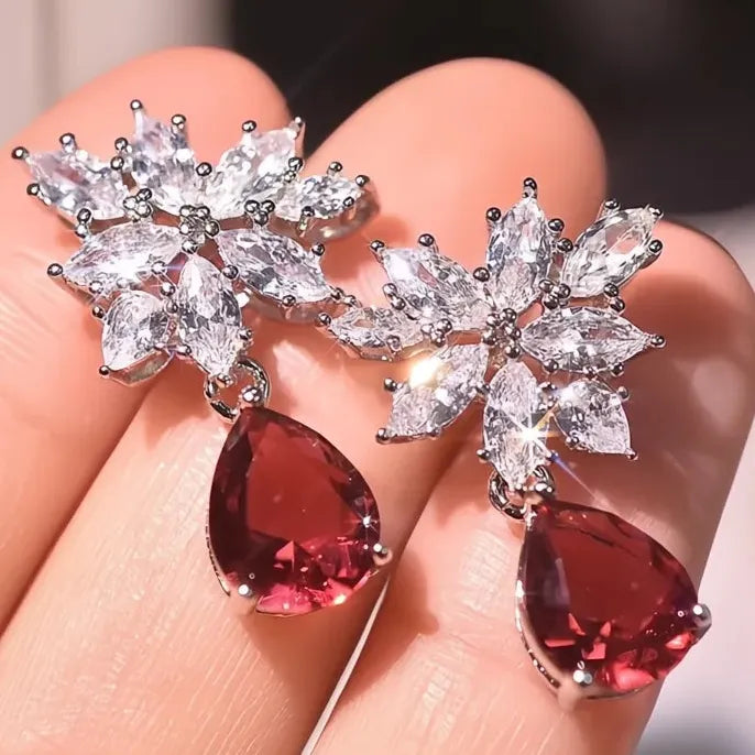 Red Water Drop Cubic Zirconia Dangle Earrings Copper Alloy Bridal Jewelry Women