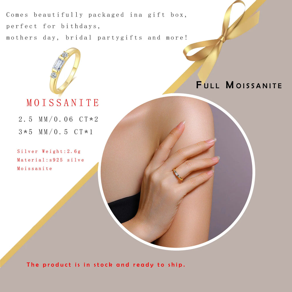 0.12CTW Baguette Cut Moissanite Ring 925 Silver 18K Gold Plated Gift for Women
