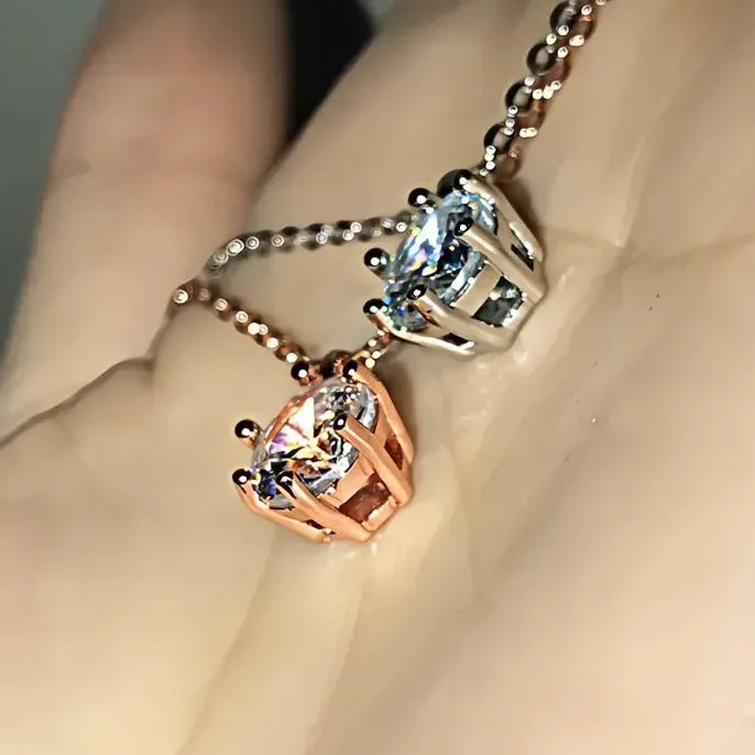 Classic Six Prong Solitaire Pendant Necklace Women Copper Alloy CZ Rose Gold