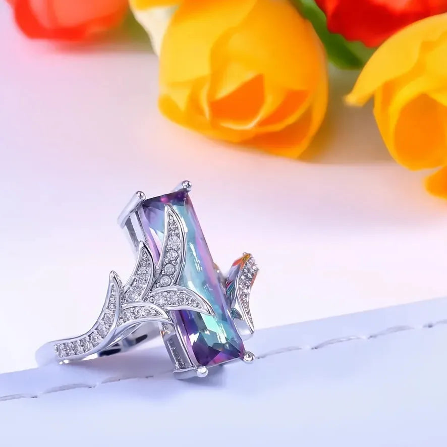 Silver Plated Copper Wedding Engagement Ring with Multicolor Cubic Zirconia for Women