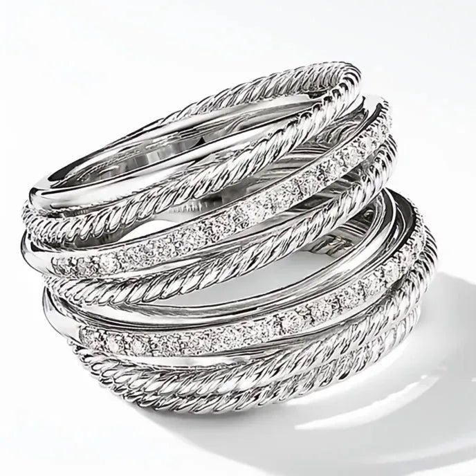 Silver Brass Geometric CZ Rings for Women Multiple Row Office Style Finger Rings